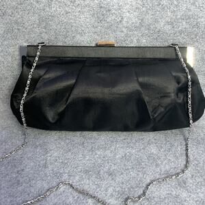 VTG Worthington Black Satin Clutch Purse Silver Chain Shoulder Bag 12”x6”